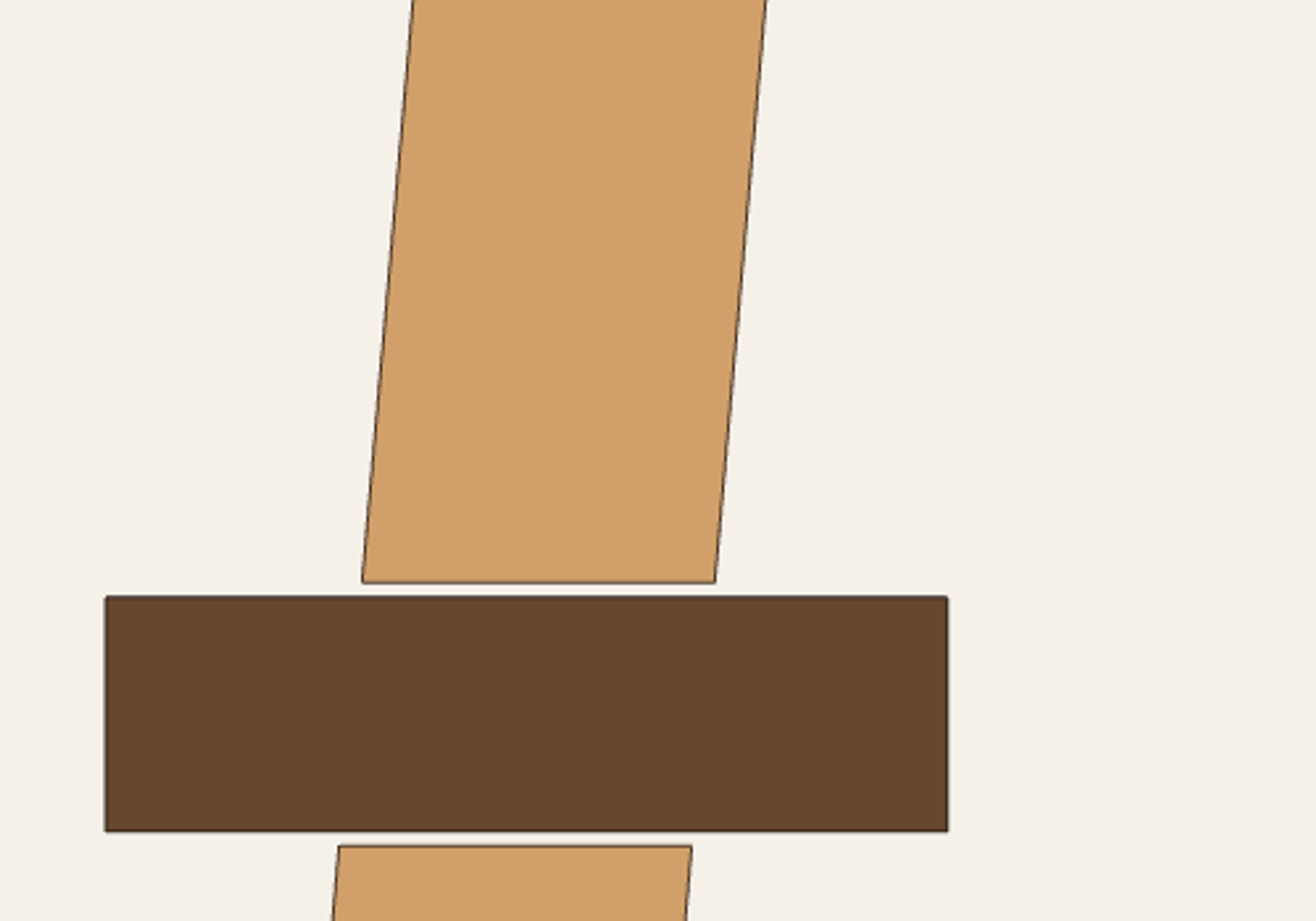 Magnified crop of the model's C section: a dark dowel passes horizontally through the light wood, with a narrow open band above and below it.
