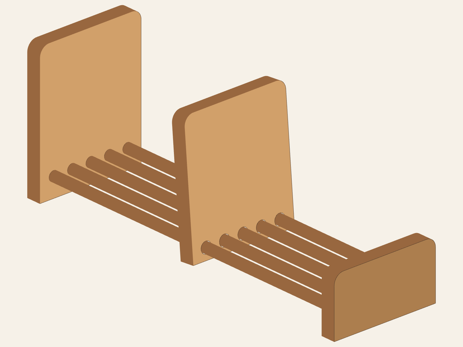 Source-derived Adjustable Book Rack model with the large A end, small B end, tilted C adjustable end, and five equal straight D dowels. No extra base or rails are shown; the image is a geometry model, not physical-fit evidence.