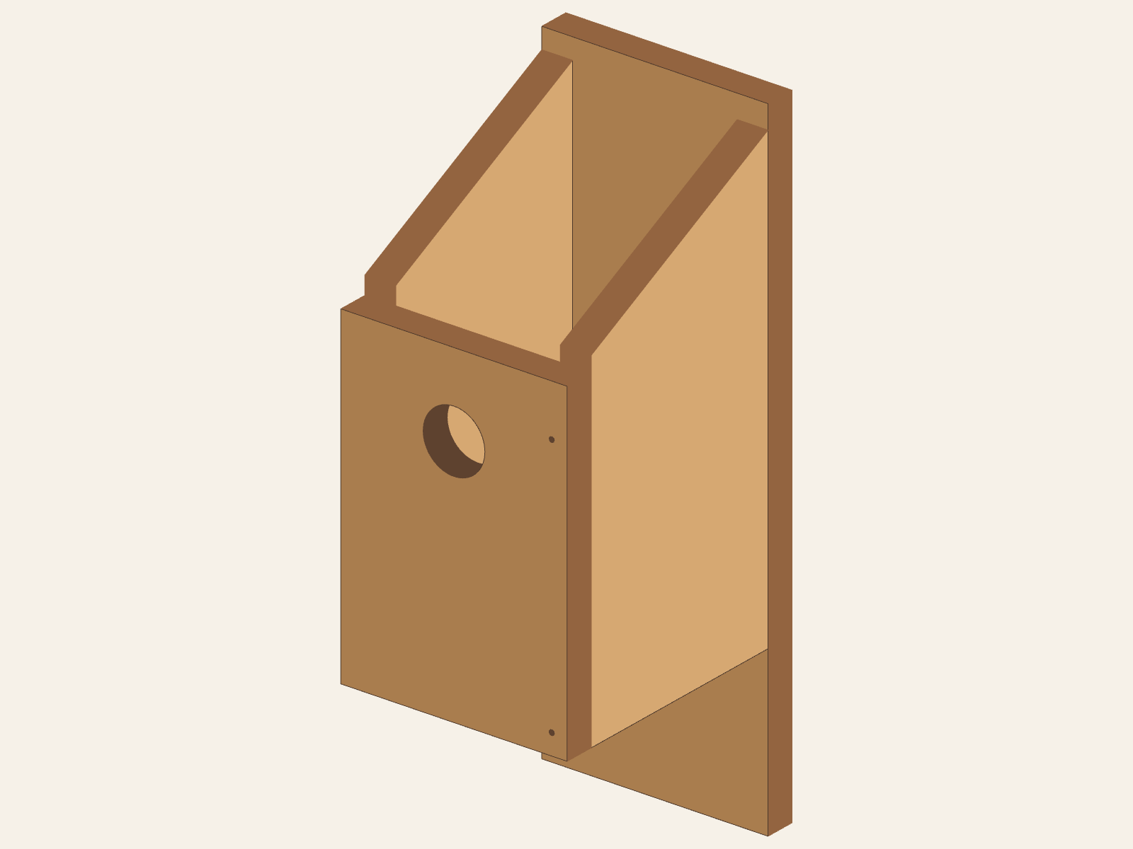 Five assembled Bird House body boards without the roof or guard: front entrance, two sloped sides, four-hole bottom, and back extension.