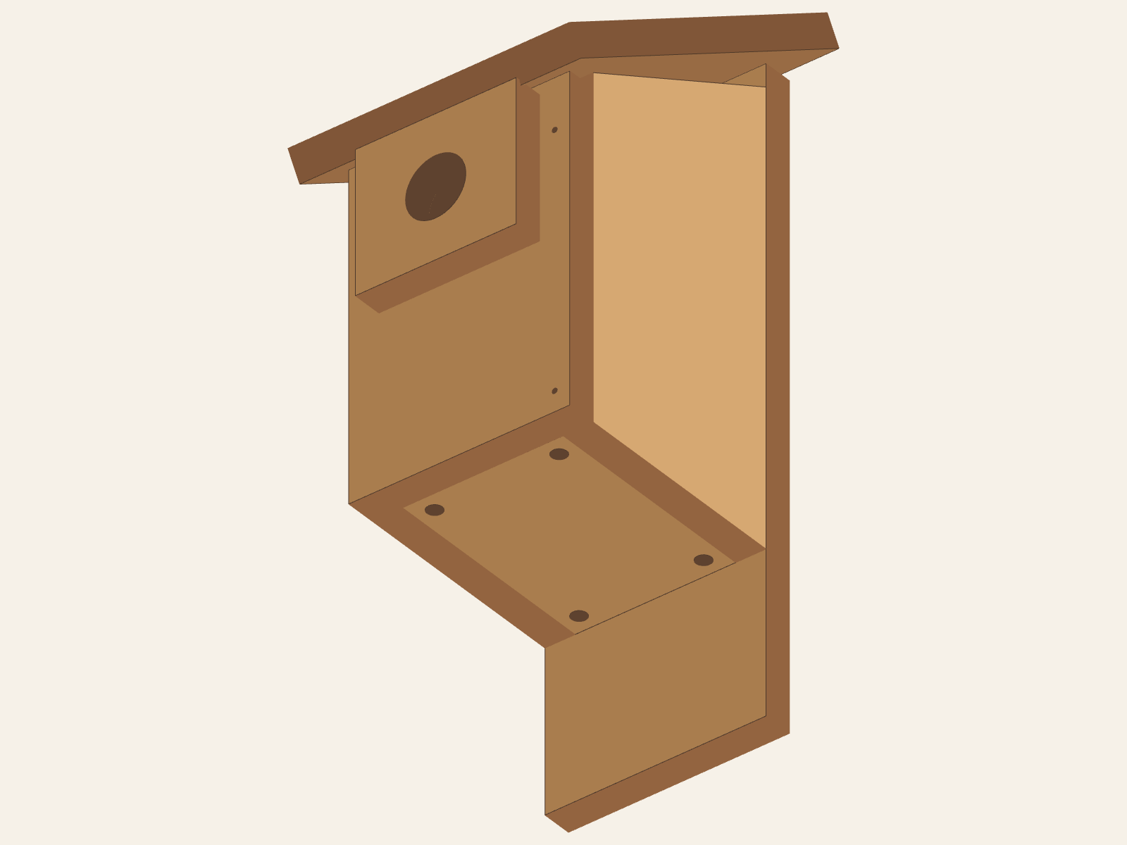 Underside view of the Bird House bottom showing four circular through-drain openings, one near each corner.