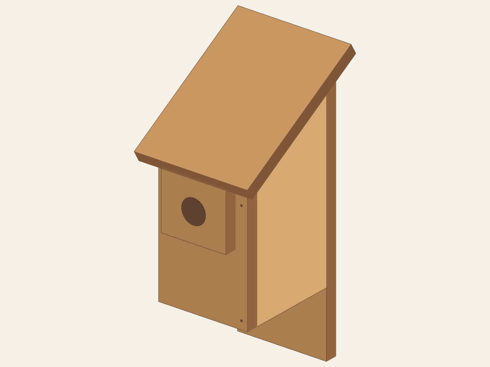 OSU Bird House model with the front guard and one sloping roof attached to the five-board body and extended back.