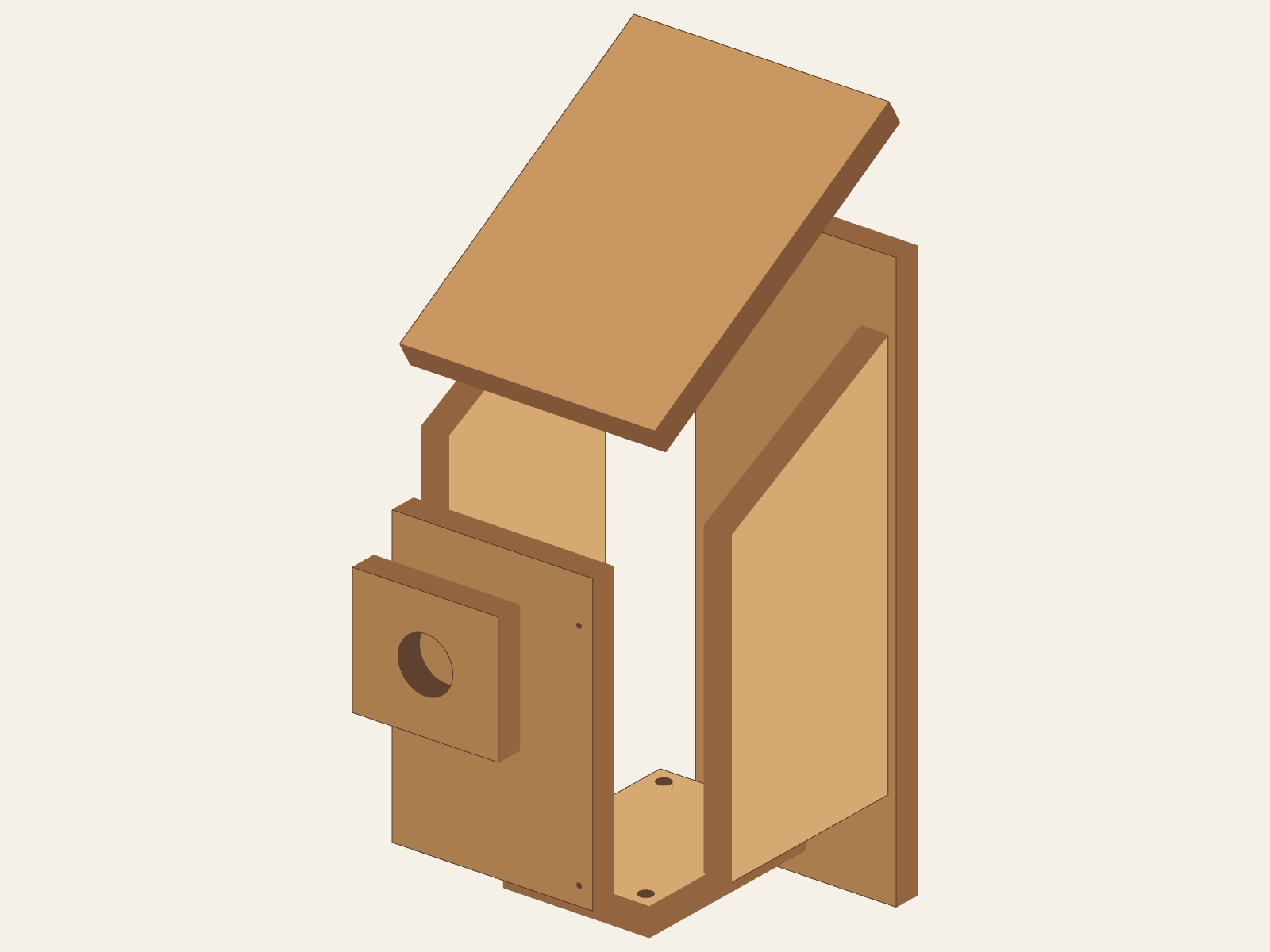 Exploded view of the seven OSU Bird House wood solids: front with entrance, extended back, two sloped sides, perforated bottom, guard with aligned entrance, and single roof.