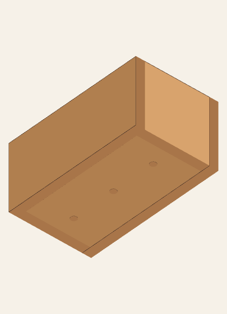 Underside of the Flower Box model with three actual openings through the bottom. Their positions are schematic, not drainage-layout instructions.