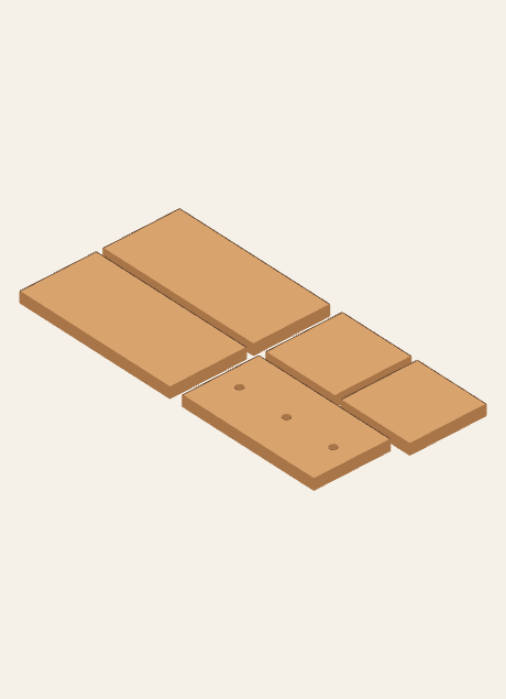 Five separate Flower Box parts shown in true relative proportions after cutting: two long sides, a bottom, and two square ends. Three actual through-holes are present in the bottom; their positions are illustrative.