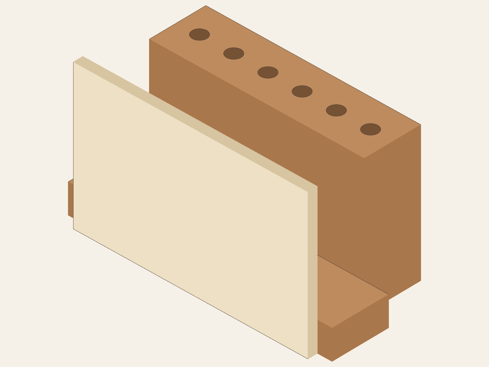 Model-derived Letter and Pencil Holder with a solid rectangular panel and six selected 3/8-inch blind holes at 7/8-inch centers. Hole count, diameter selection, and first offset are model choices; no fasteners or physical-test claim are shown.
