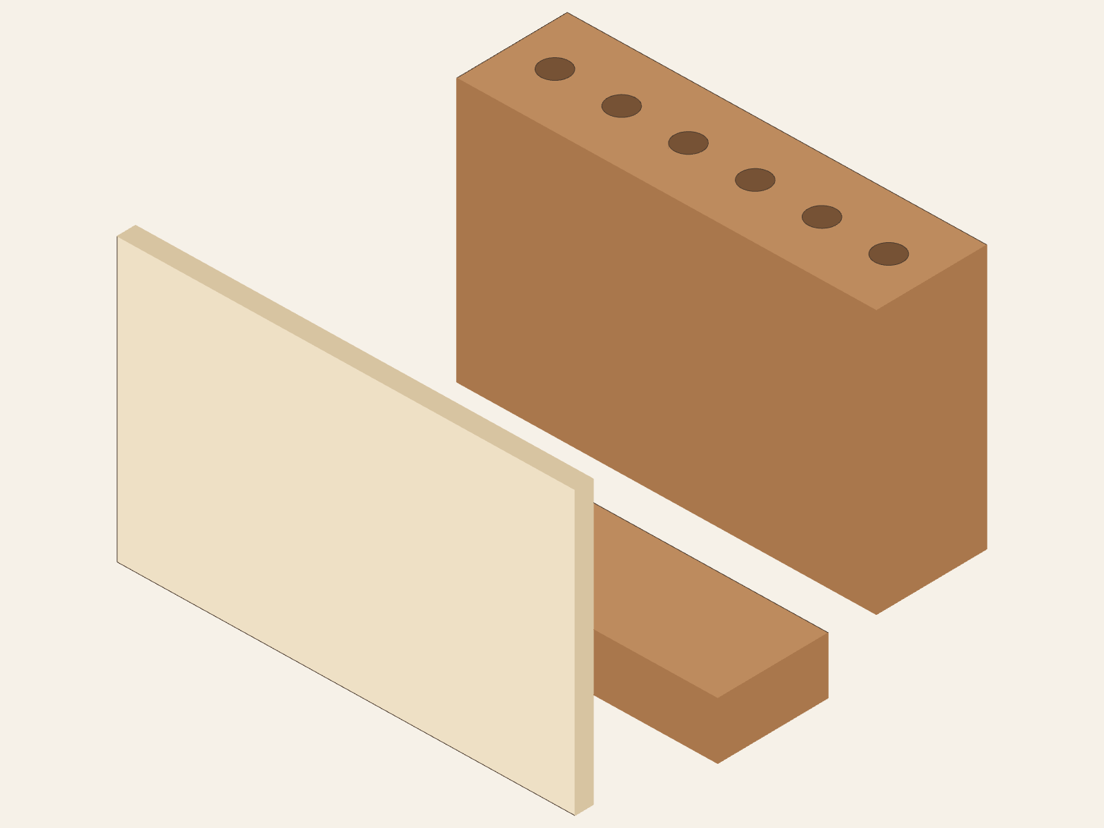 The same three model-derived parts shown separately without rescaling: pencil block, low support, and solid upright panel.