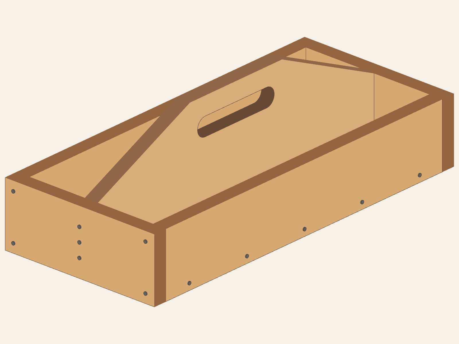 Tool Box end and long side showing screw head groups corresponding to end-to-handle, end-to-side, lower end-to-side, and side-to-bottom paths.