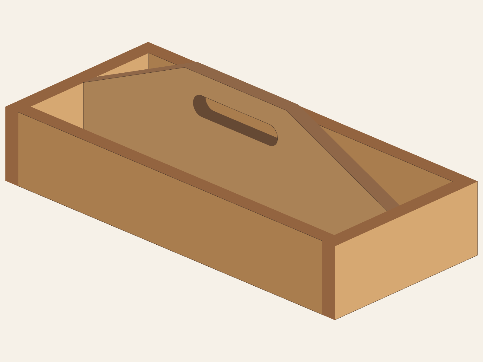 Six-board Tool Box assembled without screw heads so the broad sloping lengthwise handle and its horizontal through-slot are clear.