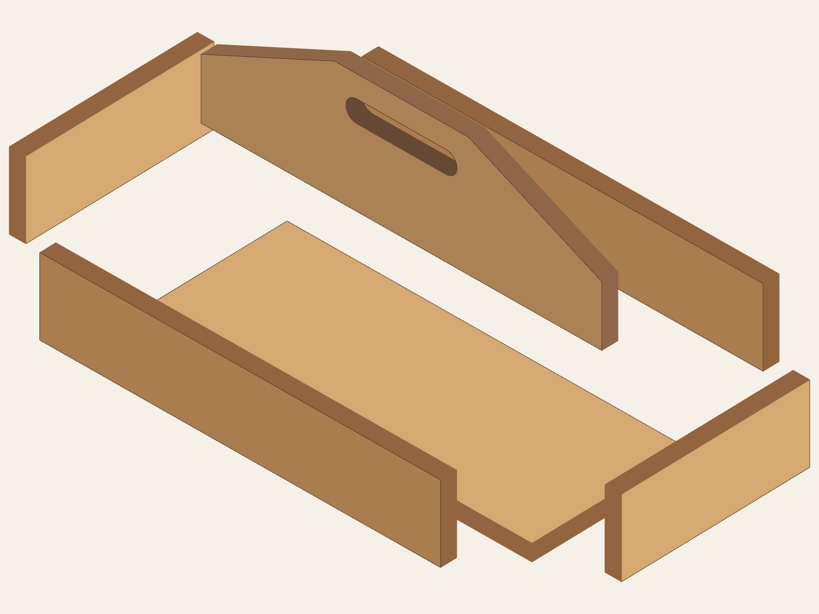 Exploded model view of six Tool Box boards: two long sides, two short ends, bottom, and sloped lengthwise handle panel with a through-slot.