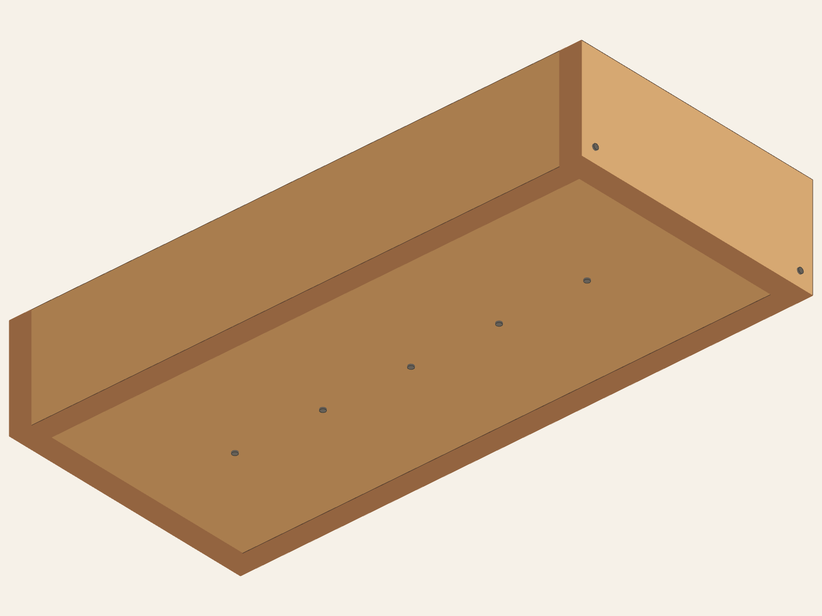 Underside of the same Tool Box model with five central bottom-to-handle screw heads and lower end-corner fastening heads visible.